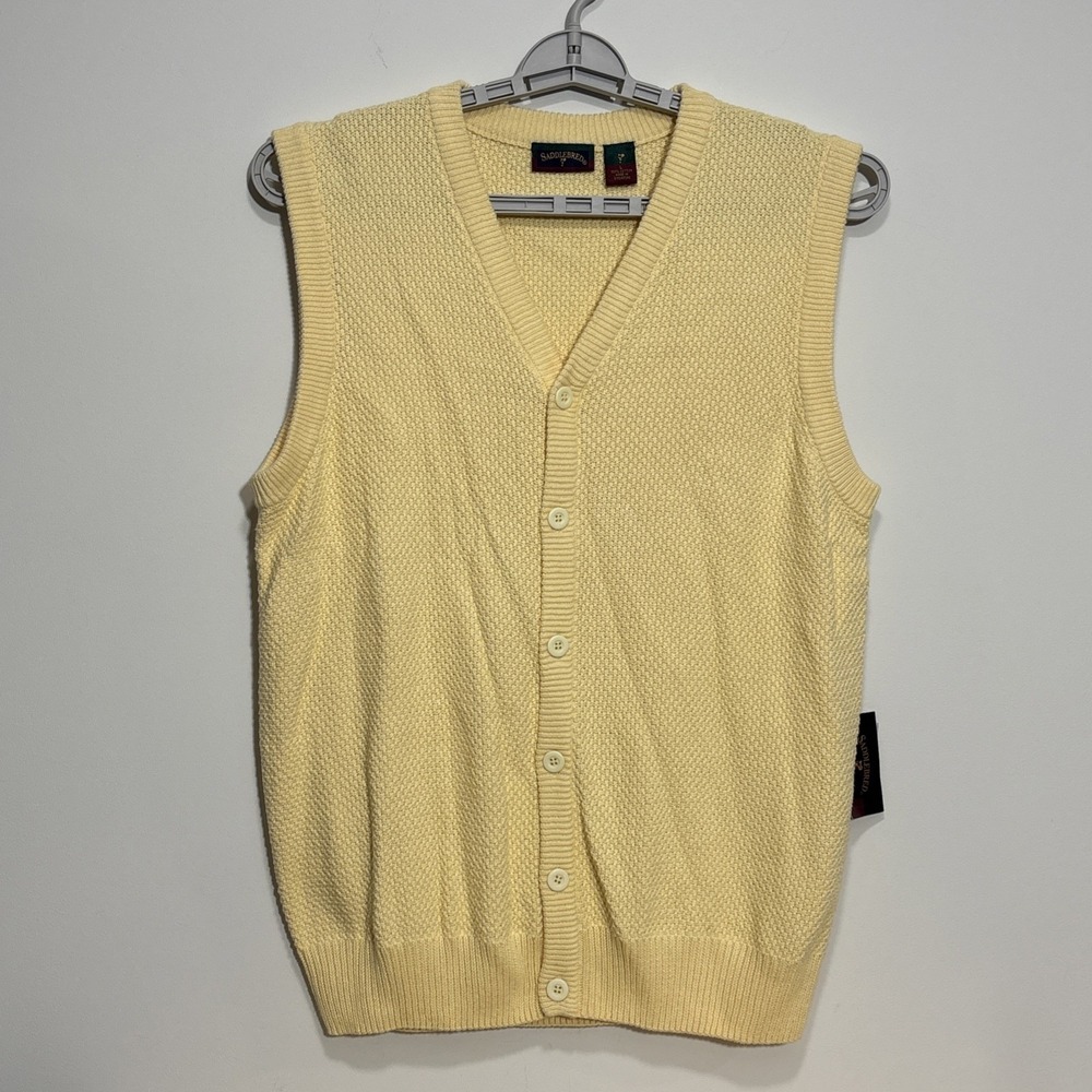Vintage Saddlebred Sweater Vest 90s Yellow Button Front Waffle Knit Mens Large
